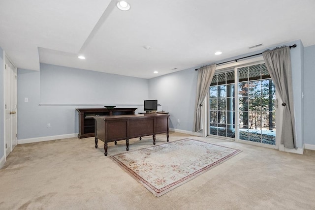 carpeted office featuring visible vents, recessed lighting, and baseboards