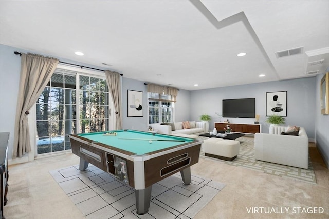 playroom featuring carpet, billiards, recessed lighting, and visible vents