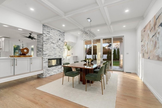 57 Mayflower Rd, Needham, MA 02492 - dining room with a fireplace, light wood-type flooring, beam ceiling, coffered ceiling, and recessed lighting