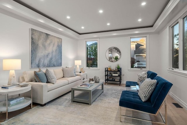 57 Mayflower Rd, Needham, MA 02492 - living area featuring a raised ceiling, light wood finished floors, baseboards, and recessed lighting