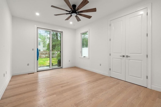 57 Mayflower Rd, Needham, MA 02492 - unfurnished bedroom featuring access to exterior, light wood-style floors, baseboards, recessed lighting, and ceiling fan