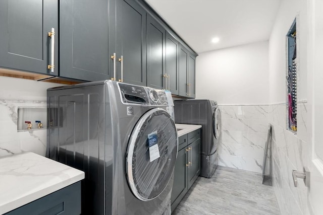 57 Mayflower Rd, Needham, MA 02492 - laundry area with cabinet space, tile walls, washer hookup, and recessed lighting