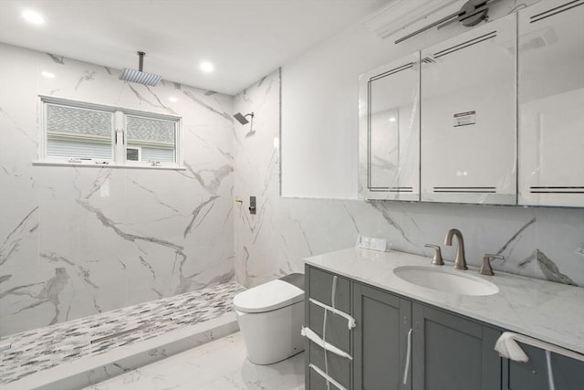 57 Mayflower Rd, Needham, MA 02492 - bathroom with vanity, toilet, a marble finish shower, marble finish floors, and recessed lighting