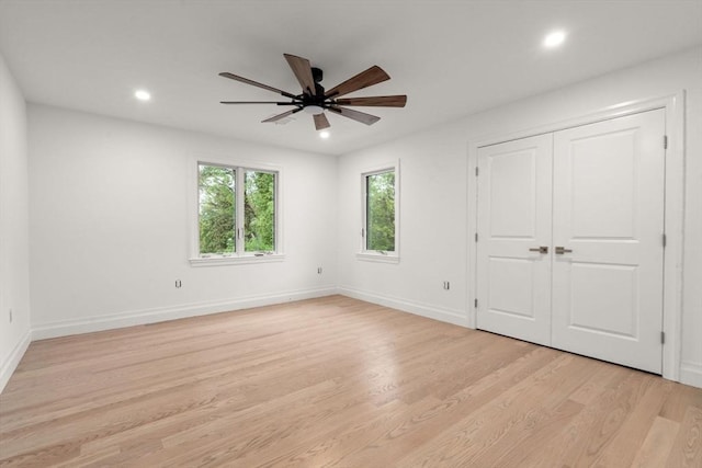 57 Mayflower Rd, Needham, MA 02492 - unfurnished bedroom featuring light wood-style flooring, recessed lighting, baseboards, ceiling fan, and a closet