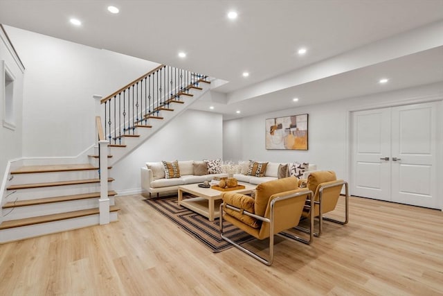 57 Mayflower Rd, Needham, MA 02492 - living room featuring light wood-style floors, stairway, recessed lighting, and baseboards