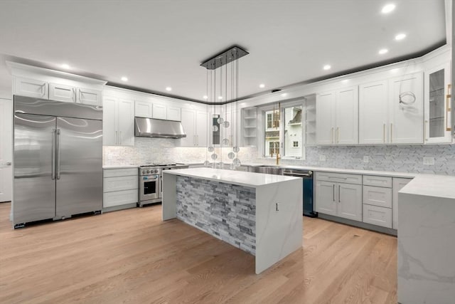 57 Mayflower Rd, Needham, MA 02492 - kitchen featuring high quality appliances, under cabinet range hood, open shelves, decorative backsplash, and light wood finished floors