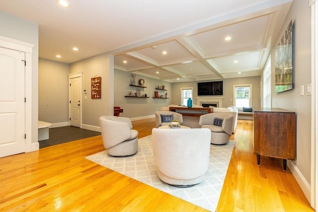 11 Liberty Ave, Burlington, MA 01803 - living room featuring wood finished floors, recessed lighting, coffered ceiling, a fireplace, and baseboards