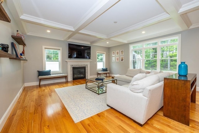 11 Liberty Ave, Burlington, MA 01803 - living area with coffered ceiling, a glass covered fireplace, beamed ceiling, baseboards, and plenty of natural light