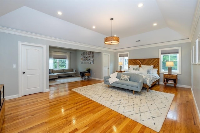 11 Liberty Ave, Burlington, MA 01803 - bedroom with multiple windows, baseboards, light wood-style flooring, crown molding, and recessed lighting