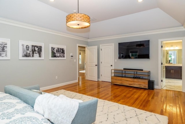 11 Liberty Ave, Burlington, MA 01803 - living room featuring wood finished floors, ornamental molding, baseboards, lofted ceiling, and recessed lighting