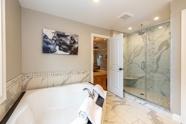 11 Liberty Ave, Burlington, MA 01803 - full bathroom featuring a marble finish shower, a garden tub, recessed lighting, and marble finish floors