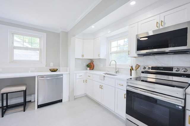 21 Trefton Dr, Braintree, MA 02184 - kitchen featuring stainless steel appliances, a sink, crown molding, plenty of natural light, and baseboard heating