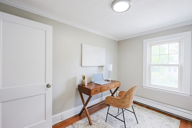 21 Trefton Dr, Braintree, MA 02184 - home office featuring a baseboard radiator, ornamental molding, wood finished floors, and baseboards