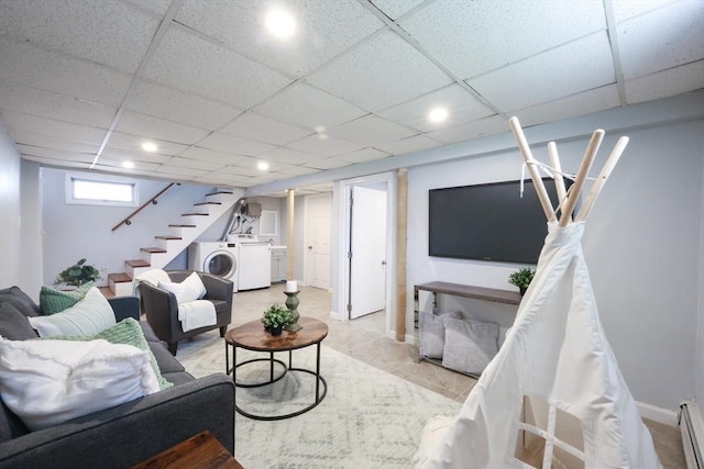 21 Trefton Dr, Braintree, MA 02184 - living area featuring separate washer and dryer, stairway, a baseboard heating unit, a drop ceiling, and recessed lighting