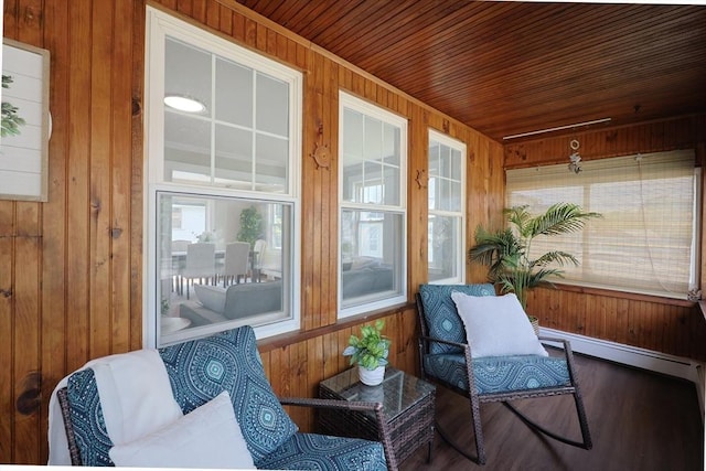 21 Trefton Dr, Braintree, MA 02184 - sunroom / solarium featuring wood walls, plenty of natural light, wood ceiling, wood finished floors, and a baseboard radiator