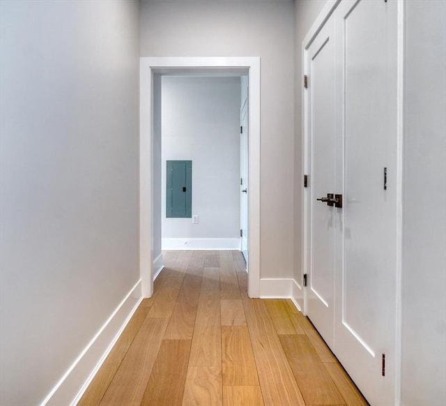 hall featuring light wood-type flooring and electric panel