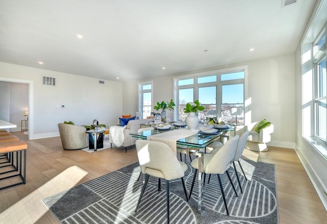 dining space featuring light hardwood / wood-style floors and a healthy amount of sunlight