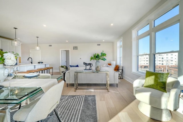 living room featuring light hardwood / wood-style floors and sink