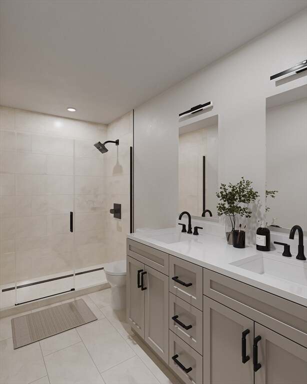 bathroom with a baseboard radiator, an enclosed shower, tile patterned flooring, vanity, and toilet