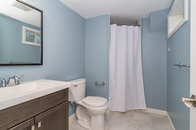 bathroom with curtained shower, baseboards, vanity, toilet, and marble finish floor