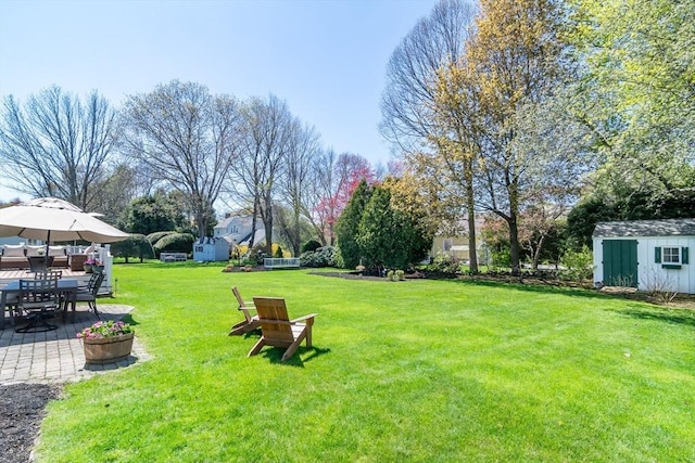view of yard with a patio, a shed, and an outbuilding