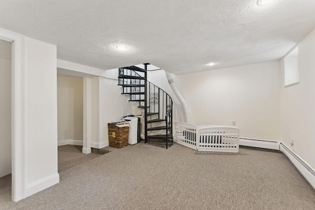 40 Chappie St Unit 1, Boston, MA 02129 - finished below grade area with carpet flooring, a textured ceiling, baseboards, stairs, and recessed lighting