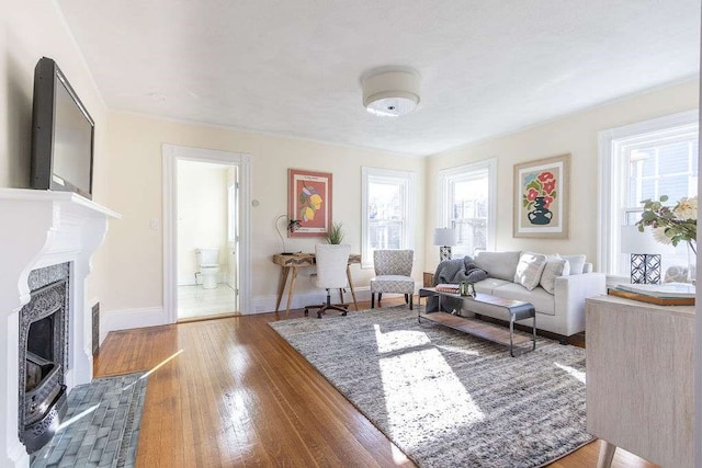 living room with plenty of natural light and wood-type flooring