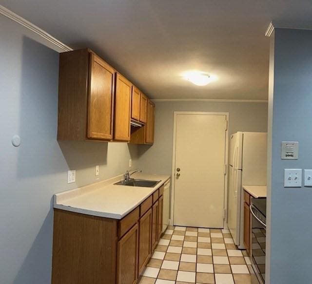 3 Village Rock Ln Unit 1, Natick, MA 01760 - kitchen with range, a sink, ornamental molding, white dishwasher, and light countertops