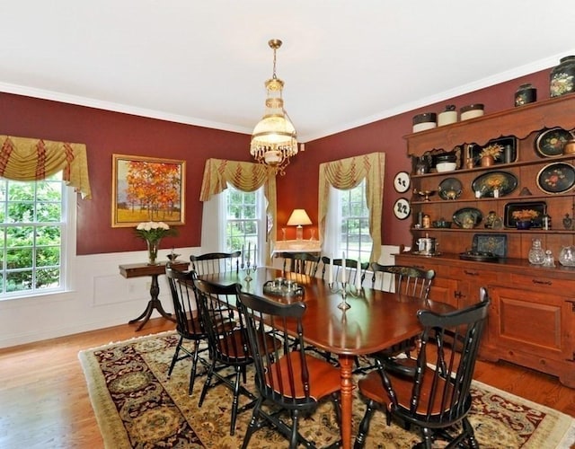 dining area with ornamental molding, a wainscoted wall, and light wood-type flooring