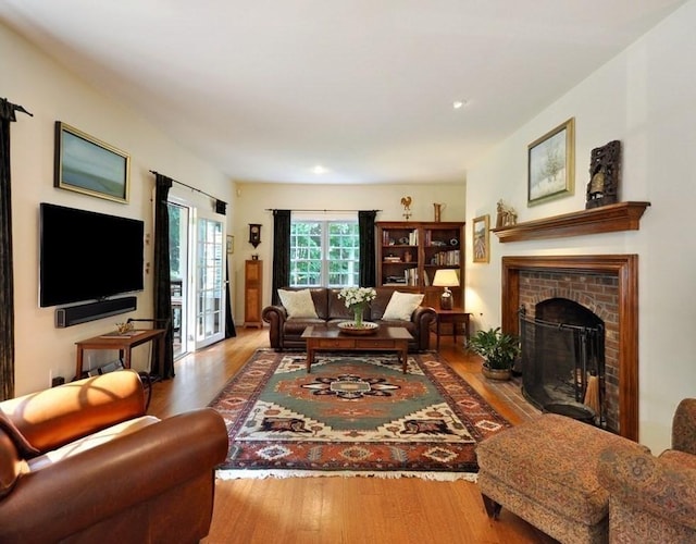 living room featuring wood finished floors and a fireplace