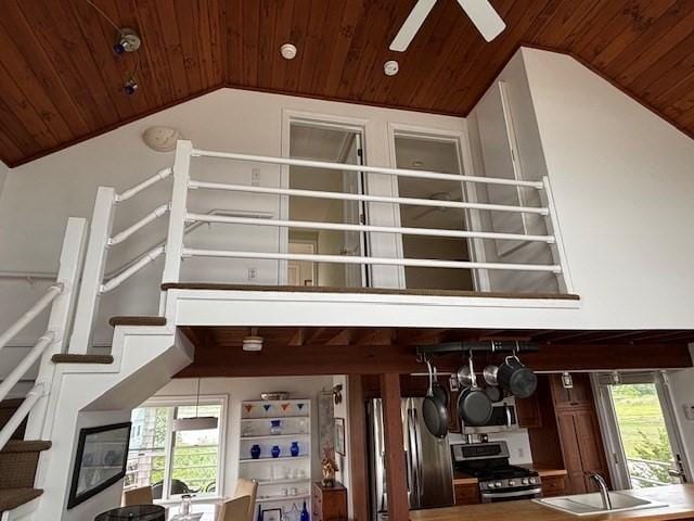 7 Cove St, Mattapoisett, MA 02739 - staircase featuring wood ceiling, a ceiling fan, and high vaulted ceiling