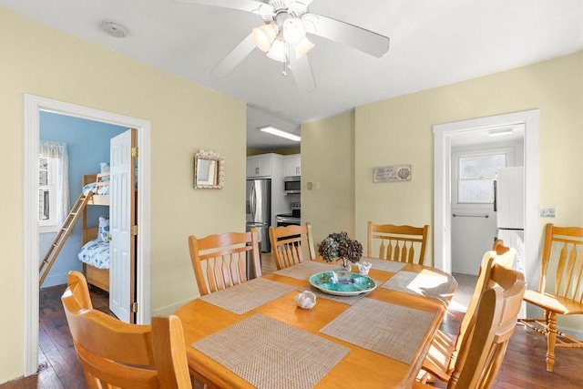 dining area with ceiling fan and hardwood / wood-style floors