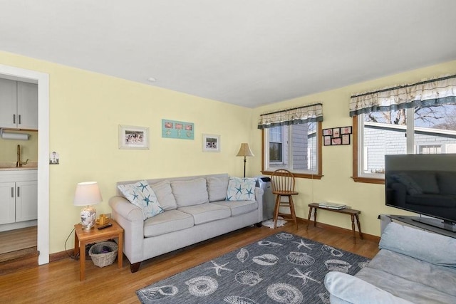 living room with baseboards and wood finished floors