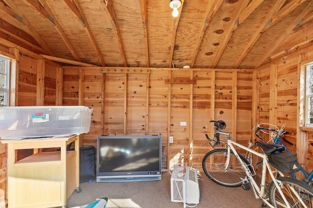 misc room featuring carpet floors, wood walls, and vaulted ceiling