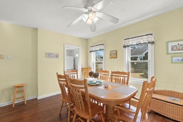 dining area featuring baseboards, a ceiling fan, and wood finished floors