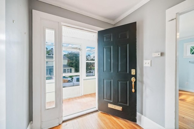 foyer with ornamental molding and wood-type flooring