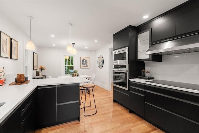 22 Carter St, Newton, MA 02460 - kitchen featuring appliances with stainless steel finishes, dark cabinets, under cabinet range hood, light countertops, and hanging light fixtures