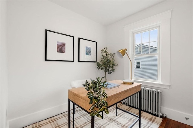 22 Carter St, Newton, MA 02460 - office area featuring radiator, baseboards, and wood finished floors