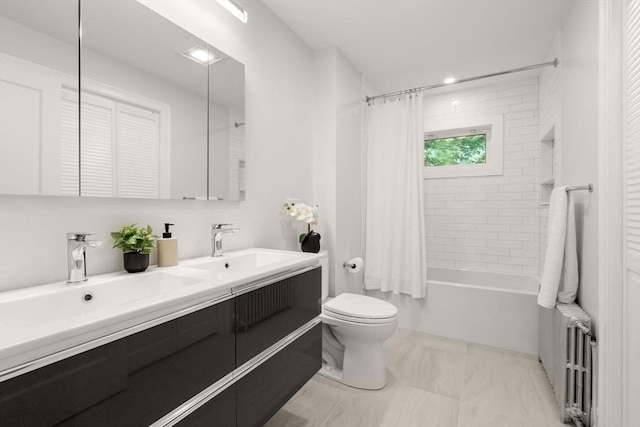 22 Carter St, Newton, MA 02460 - full bathroom with toilet, double vanity, shower / bath combination with curtain, radiator, and a closet