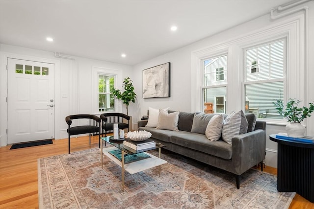 22 Carter St, Newton, MA 02460 - living room featuring light wood-style floors and recessed lighting
