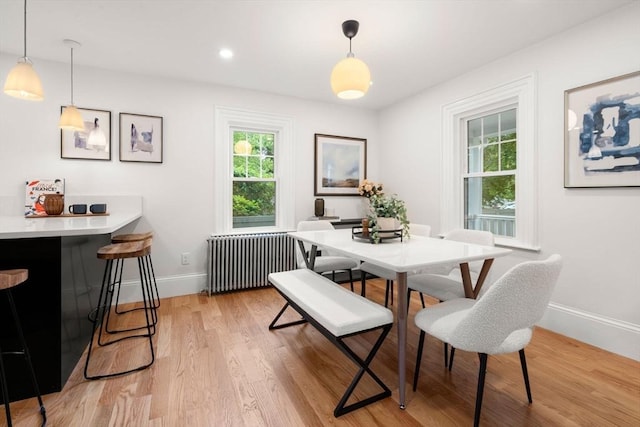 22 Carter St, Newton, MA 02460 - dining area with radiator, baseboards, and light wood-style flooring