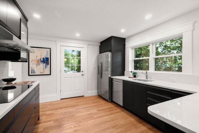 22 Carter St, Newton, MA 02460 - kitchen with stainless steel appliances, dark cabinetry, a sink, light countertops, and light wood-style floors