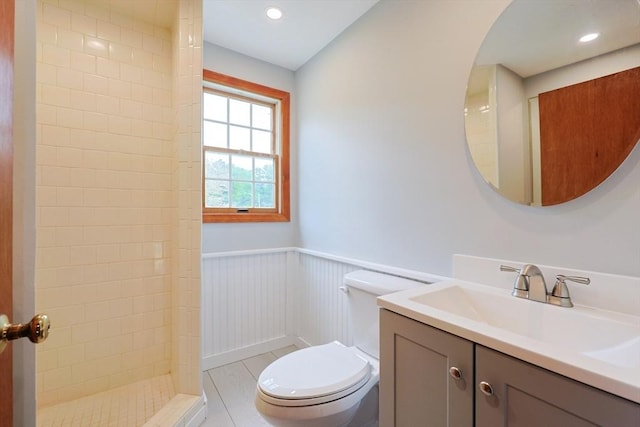 47 Forest St, Franklin, MA 02038 - full bathroom with toilet, a wainscoted wall, tiled shower, and vanity