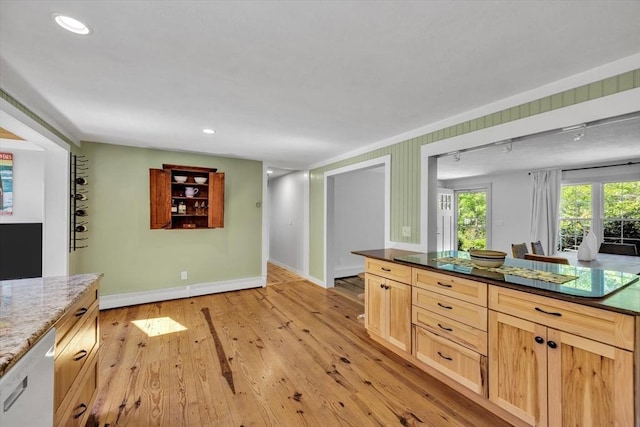 274 Morton Rd, Chatham, MA 02659 - kitchen featuring light wood-style floors, baseboards, light brown cabinetry, dishwasher, and recessed lighting