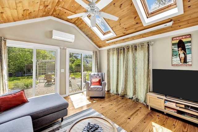 274 Morton Rd, Chatham, MA 02659 - sitting room featuring a skylight, wooden ceiling, vaulted ceiling, a wall mounted air conditioner, and wood finished floors