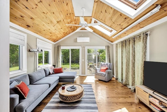 274 Morton Rd, Chatham, MA 02659 - living area with a skylight, wooden ceiling, plenty of natural light, an AC wall unit, and hardwood / wood-style flooring