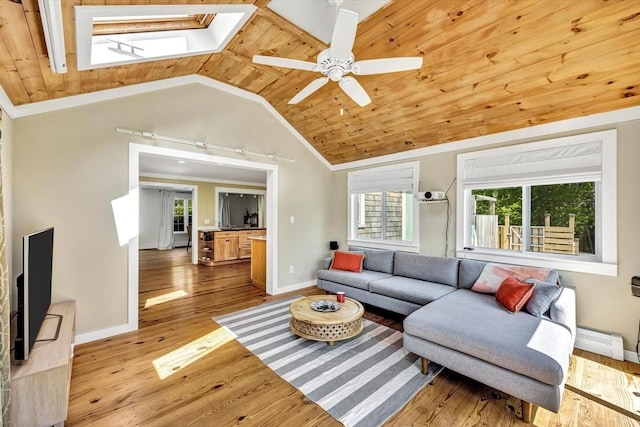 274 Morton Rd, Chatham, MA 02659 - living area with a skylight, baseboards, lofted ceiling, a ceiling fan, and wood finished floors