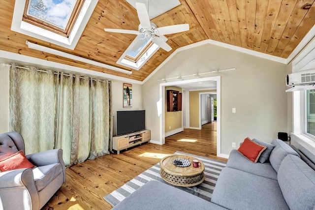 274 Morton Rd, Chatham, MA 02659 - living room featuring a skylight, light wood-style floors, wood ceiling, a ceiling fan, and lofted ceiling