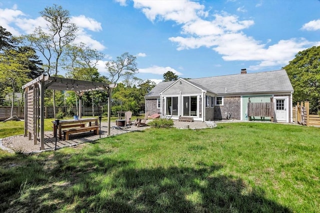 274 Morton Rd, Chatham, MA 02659 - back of house featuring a pergola, a patio, a chimney, and entry steps