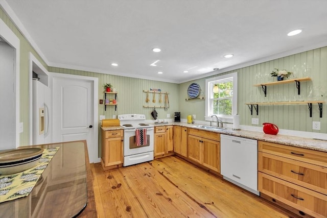 274 Morton Rd, Chatham, MA 02659 - kitchen featuring white appliances, a sink, crown molding, light wood finished floors, and open shelves